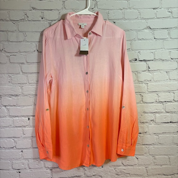 NWT J Jill Linen Blend Pink and Orange Button Down Shirt - Picture 3 of 10